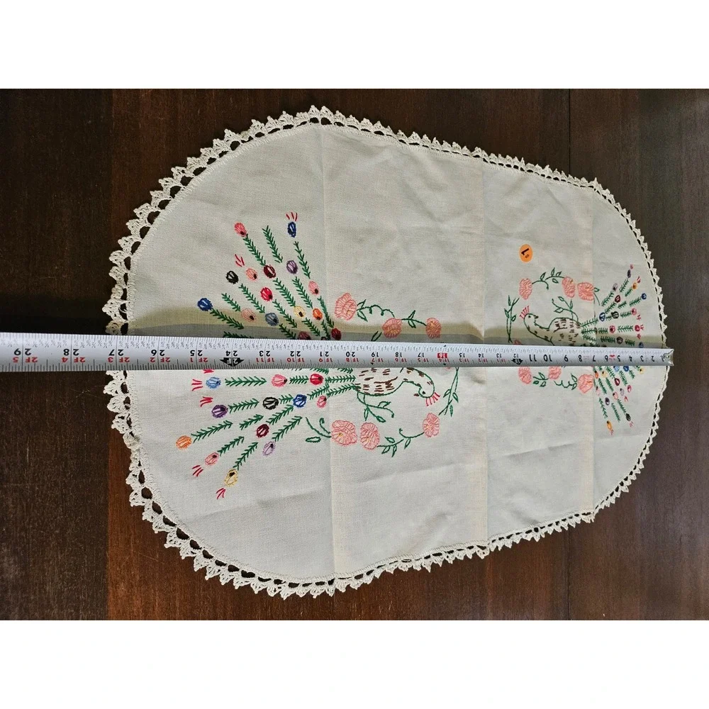 Hand Embroidered Table Runner White Peacock Floral Lace Trim